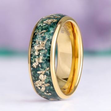 Moss Agate & Gold Leaf Men's Wedding Band in Yellow Gold Tungsten by Aquamarise, side profile view