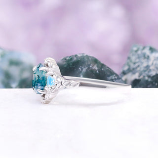 Moss Agate & Opalescent Sapphire Leaf Ring by Aquamarise, side profile view