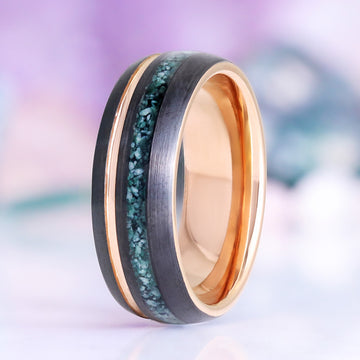 Moss Agate Two Tone Black Rose Gold Tungsten Couples Ring Set by Aquamarise featuring textured green agate inlay, black tungsten band, and polished rose gold accents in a bold, modern design.