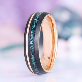 Moss Agate Two Tone Black Rose Gold Tungsten Couples Ring Set by Aquamarise, featuring a moss agate inlay, black tungsten exterior, and polished rose gold inner band, ideal for matching couples rings.