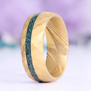 Skye Kite® Green Moss Agate Couples Ring Set by Aquamarise, featuring a gold-toned hammered band with a textured green moss agate inlay, part of Matching Couples' Rings and Nature-Inspired Jewelry collections.