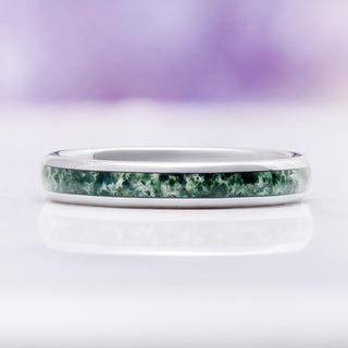 Moss Agate Wedding Band in Silver Tungsten Carbide by Aquamarise, side profile view