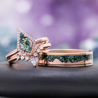 Kite Cut Green Moss Agate Engagement Ring Set in 14K Solid Rose Gold