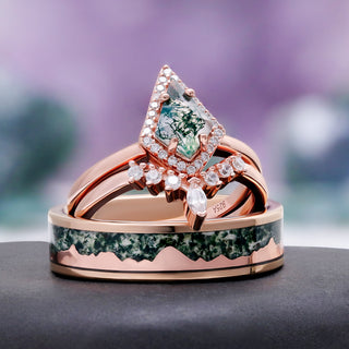 Kite Cut Green Moss Agate Engagement Ring Set in 14K Solid Rose Gold
