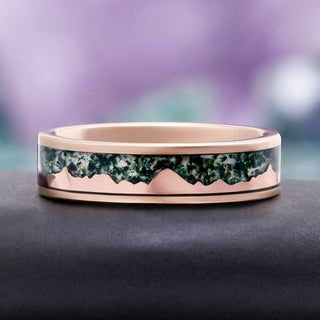 Mountain Range Moss Agate Men's Wedding Band in Rose Gold Tungsten by Aquamarise, side profile view