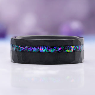 Mystic Opal Men's Wedding Band in Black Tungsten Carbide, 8mm, by Aquamarise, side profile view