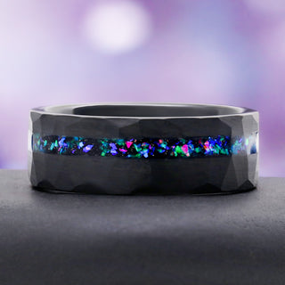 Mystic Opal Men's Wedding Band in Black Tungsten Carbide, 8mm, by Aquamarise, close-up of the opal inlay