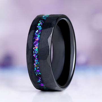 Mystic Opal Men's Wedding Band in Black Tungsten Carbide, 8mm, by Aquamarise