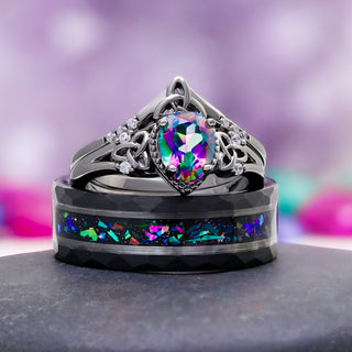 Mystic Topaz & Galaxy Opal Wedding Band in Tungsten Carbide (8mm) by Aquamarise, with iridescent topaz center and galaxy opal inlay on a black tungsten carbide band.