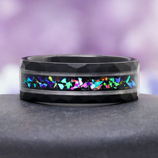 Mystic Topaz & Galaxy Opal Wedding Band in Tungsten Carbide (8mm), featuring vibrant opal inlay and faceted black tungsten band, designed by Aquamarise for men’s unique wedding rings.
