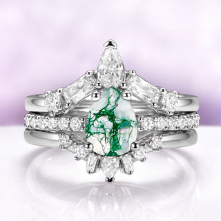 Pear Green Moss Agate Three-Piece Bridal Ring Set in Sterling Silver