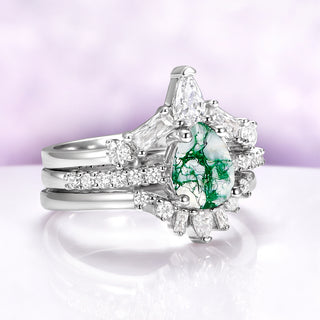 Pear Green Moss Agate Three-Piece Bridal Ring Set in Sterling Silver
