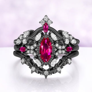 Lab-grown ruby bridal ring set in black ruthenium, all three rings stacked together