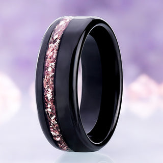 Off-set crushed morganite men's wedding band in polished black tungsten, 8mm dome with a lab-created pink inlay channel