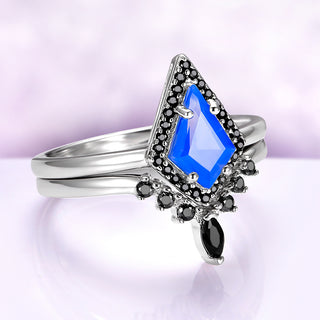 Opalescent Blue Sapphire & Black Onyx Ring Set- Sterling Silver