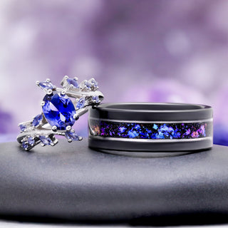 Orion Nebula and cornflower sapphire leaf couples ring set in silver and black