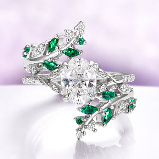 Lab-Grown Diamond & Emerald Leaf Engagement Ring Set in 14K White Gold (IGI Certified)