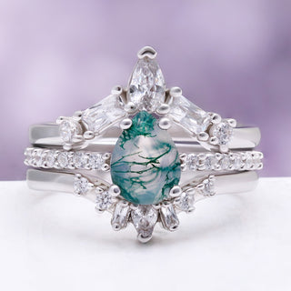 Pear Green Moss Agate Three-Piece Bridal Ring Set in Sterling Silver by Aquamarise, with a pear-cut moss agate framed by a marquise crown band and a pave band.