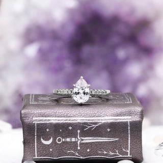 Pear White Sapphire Engagement Ring with Hidden Halo in Sterling Silver