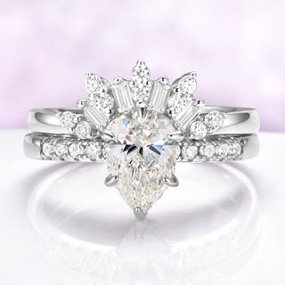 Lab Grown Diamond Crown Wedding Band in 14K White Gold by Aquamarise Gold, featuring a pear-shaped center diamond with baguette and round diamond accents in a crown-inspired design.