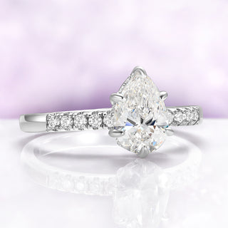 Pear White Sapphire Engagement Ring with Hidden Halo in Sterling Silver