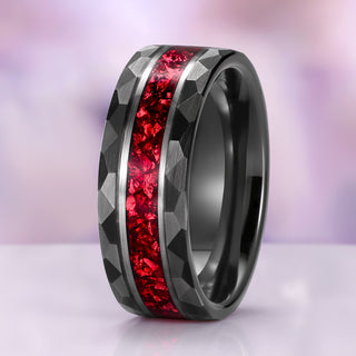 Black ring with red interior on a light purple background