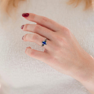 Blue Sapphire & Black Onyx Leaf Engagement Ring- 14K White Gold