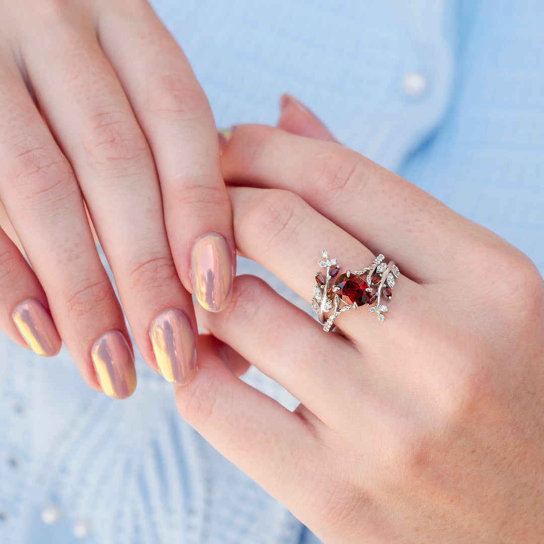 Natural Star Cut Red Garnet Ring Set- Sterling Silver