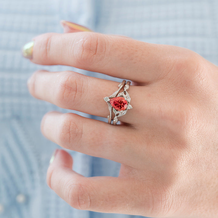 Airee Star Cut Padparadscha Sapphire Ring Set- 14K White Gold