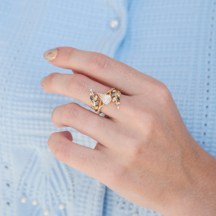 Shield Cut Simulated Diamond and Blue Sapphire Leaf Ring Set in 14K Yellow Gold Vermeil