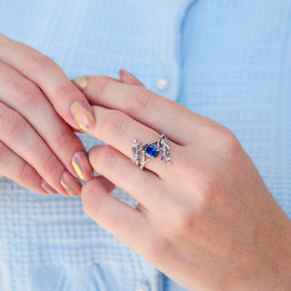 Cornflower Sapphire Fairy Leaf Ring Set- Sterling Silver