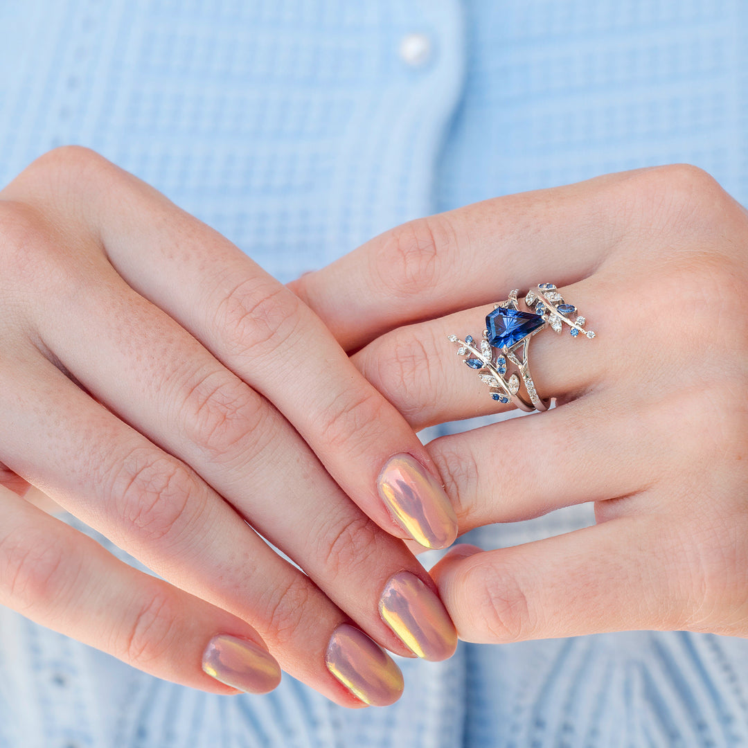 Fantasy Shield Cut Blue Sapphire Leaf Ring Set- 14K White Gold (Two Piece)