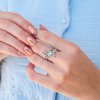 Fantasy Shield Cut Aquamarine & Rose Quartz Leaf Ring Set- 14K White Gold (Two Piece)