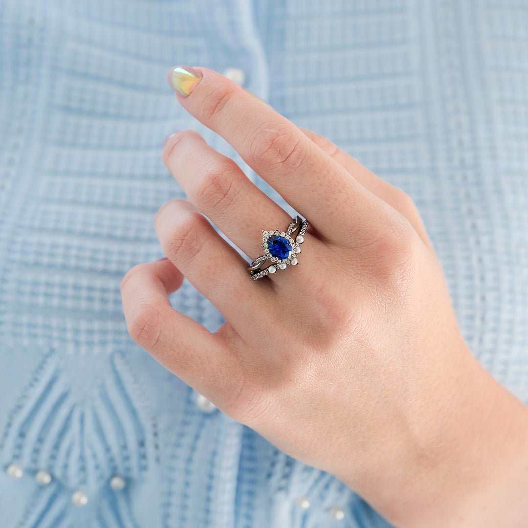 Briar Blue Sapphire and Pearl Engagement Ring Set in Black Ruthenium