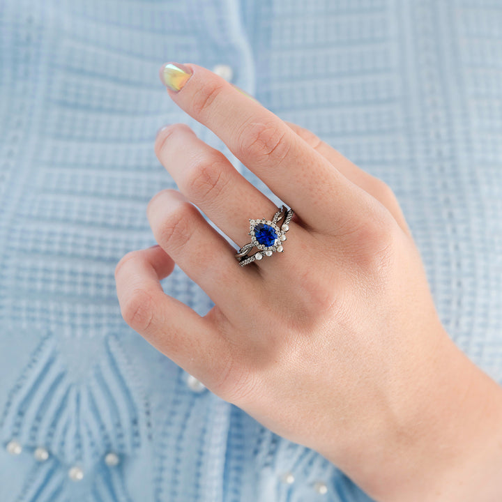 Briar Blue Sapphire and Pearl Engagement Ring Set in Black Ruthenium