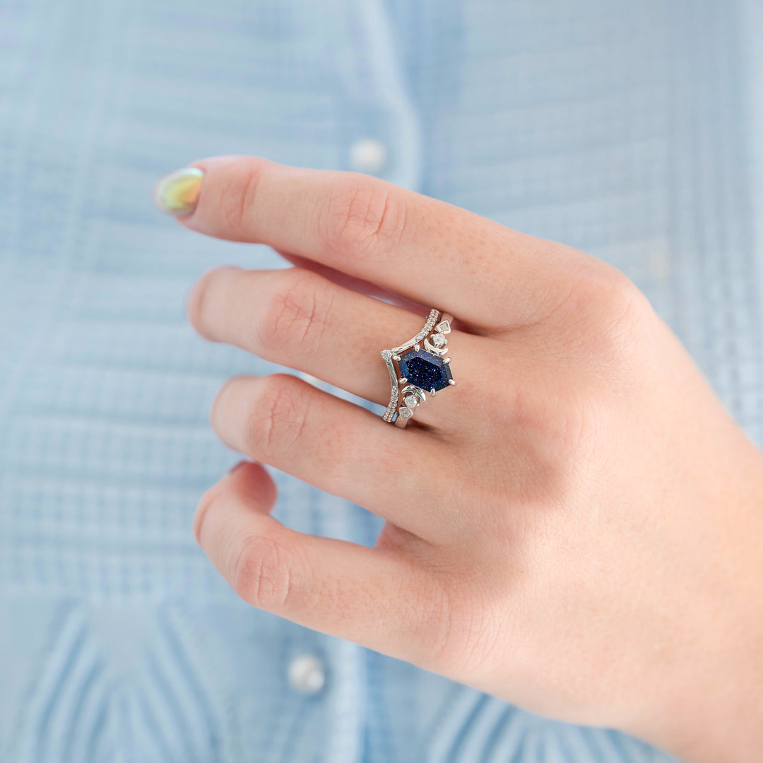 Elara Starry Night Crescent Moon Engagement Ring Set in Sterling Silver