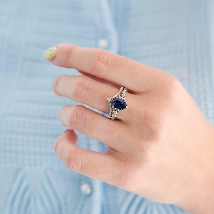 Elara Starry Night Crescent Moon Engagement Ring Set in Sterling Silver