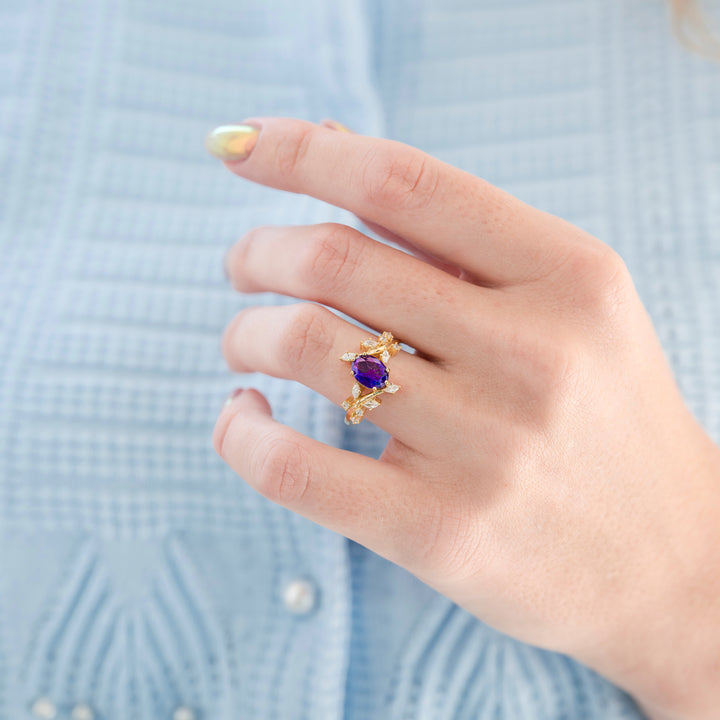 Natural Amethyst Leaf Engagement Ring in 14K Solid Yellow Gold (Fireworks Cut)