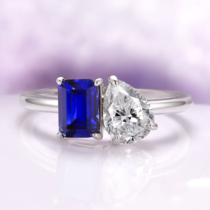 Toi Et Moi Blue Sapphire and Moissanite Engagement Ring in 14K White Gold