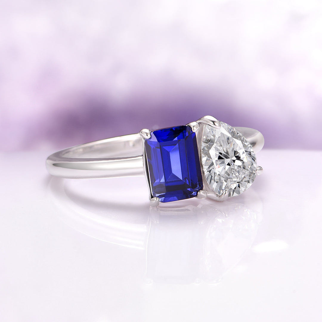 Toi Et Moi Blue Sapphire and Moissanite Engagement Ring in 14K White Gold