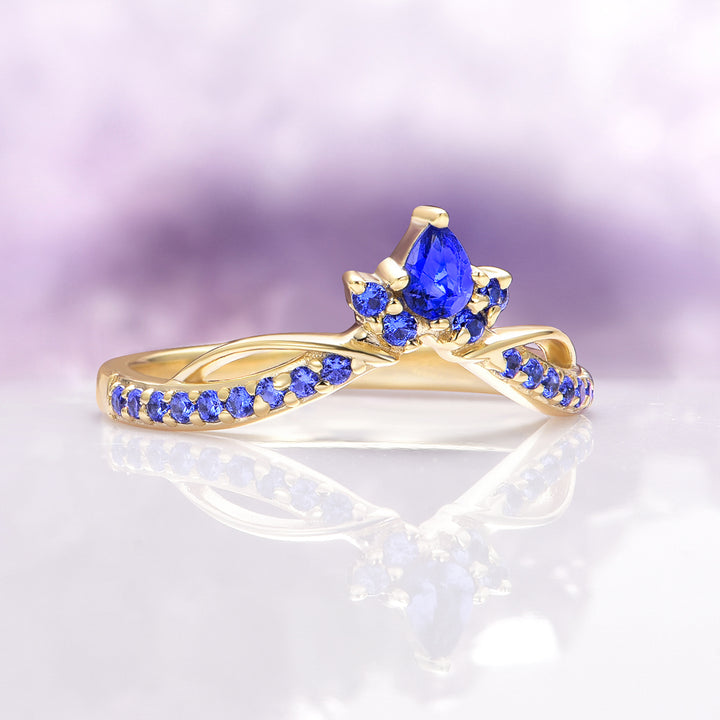 Feyra Blue Sapphire Crown Wedding Band in 14K Solid Yellow Gold
