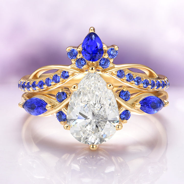 Feyra Blue Sapphire Crown Wedding Band in 14K Solid Yellow Gold