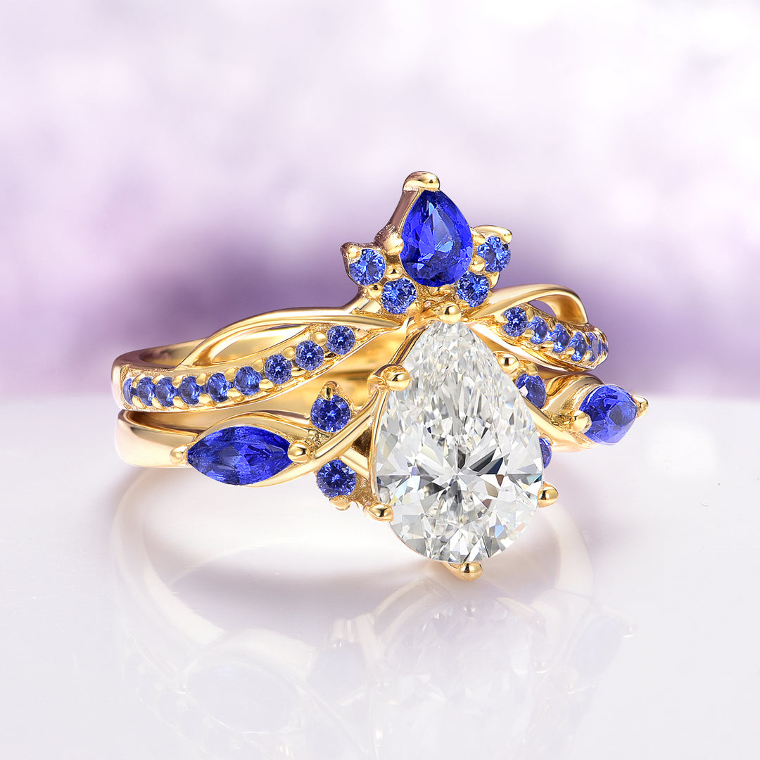 Feyra Blue Sapphire Crown Wedding Band in 14K Solid Yellow Gold