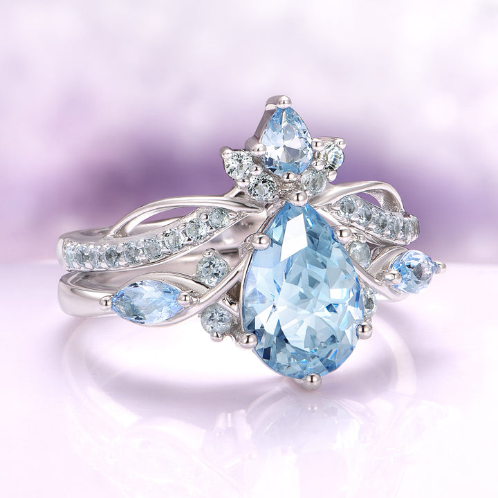 Feyra Aquamarine Crown Wedding Band in 14K White Gold