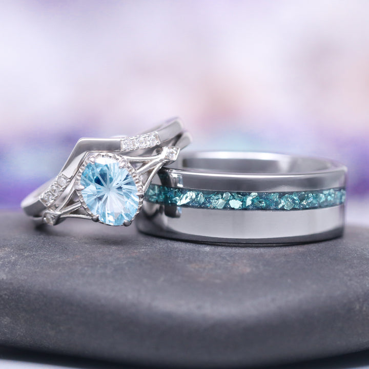 Crushed Aquamarine Wedding Band in Tungsten (8mm)