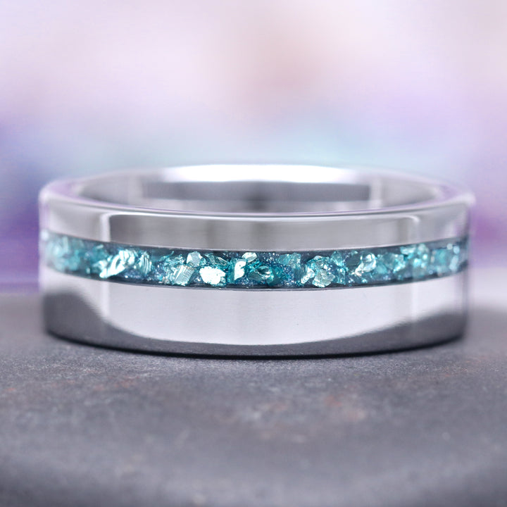 Crushed Aquamarine Wedding Band in Tungsten (8mm)
