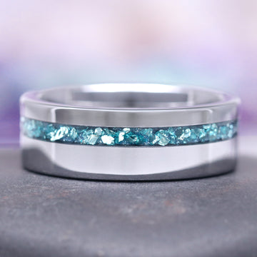 Fireworks Cut Aquamarine Couples Ring Set featuring a polished silver band inlaid with crushed aquamarine stones, crafted by Aquamarise, part of Matching Couples' Rings, March Birthstone Jewelry, and Meaningful Jewelry Gifts collections.