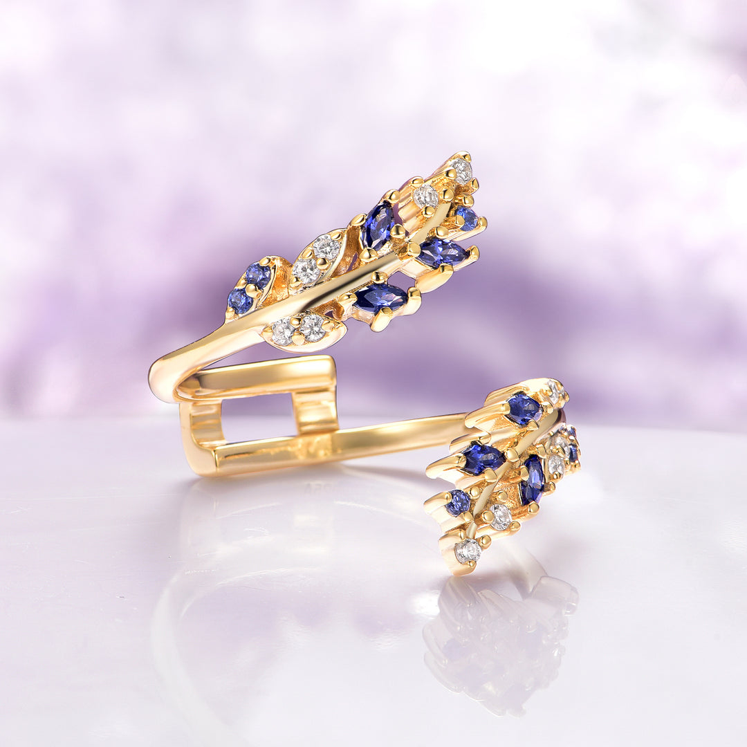 Blue Sapphire and Diamond Leaf Ring Guard in 14K Solid Yellow Gold