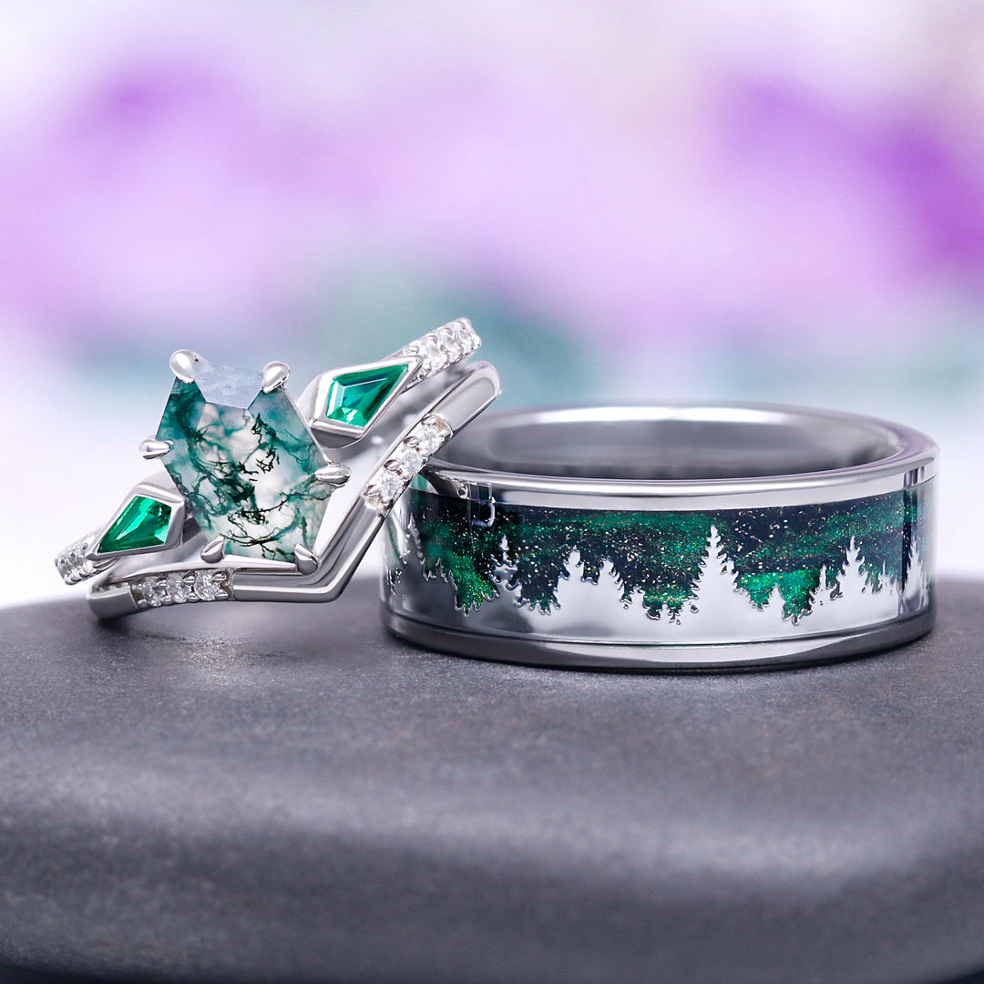 Northern Lights Starry Night Wedding Band in Tungsten (8mm)