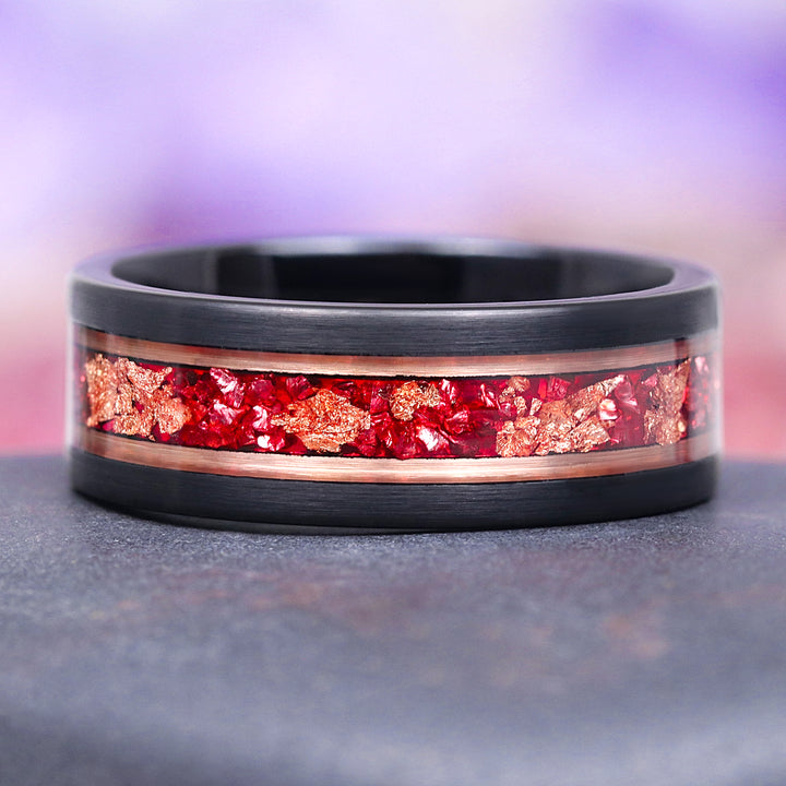 Coffin Cut Ruby and Rose Gold Leaf Couples Ring Set